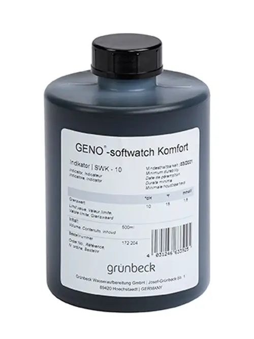 Grünbeck Indikatorflasche mit schwarzem Deckel und weißem Etikett. Flüssigkeit in der Flasche ist blau, mit Angaben zu Gebrauch, Inhalt und Sicherheitsinformationen.